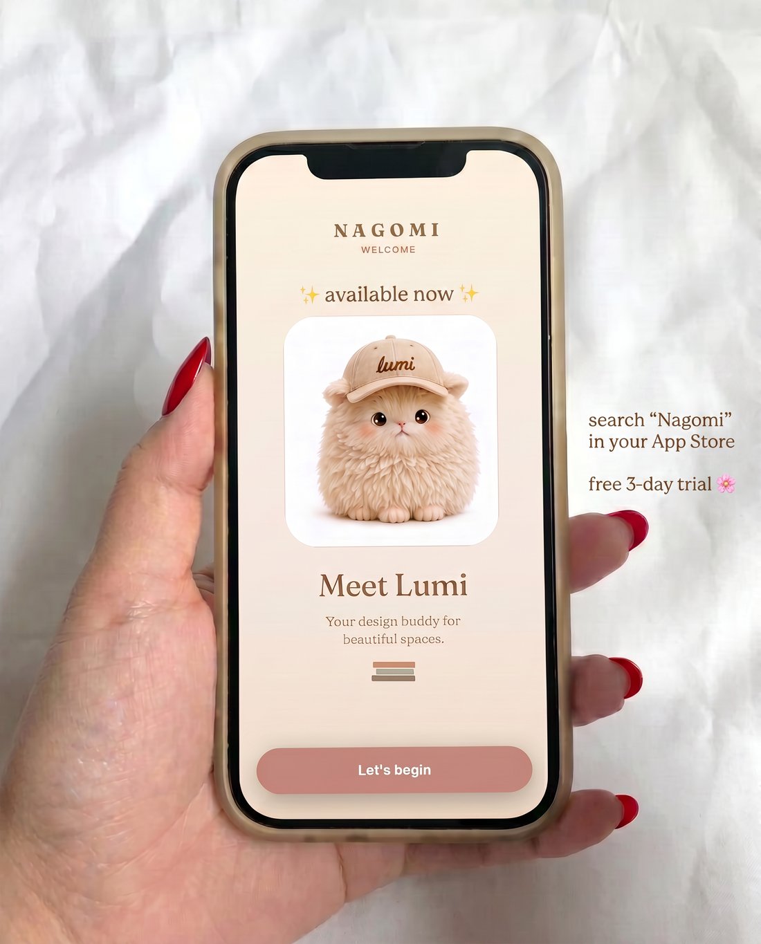 NAGOMI available now. Meet Lumi welcome screen on iPhone.